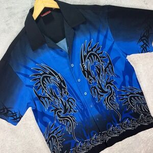 Vtg Level Ten Men's Shirt Blue‎ Black Flame Dragon Tribal Print Button Up Sz L